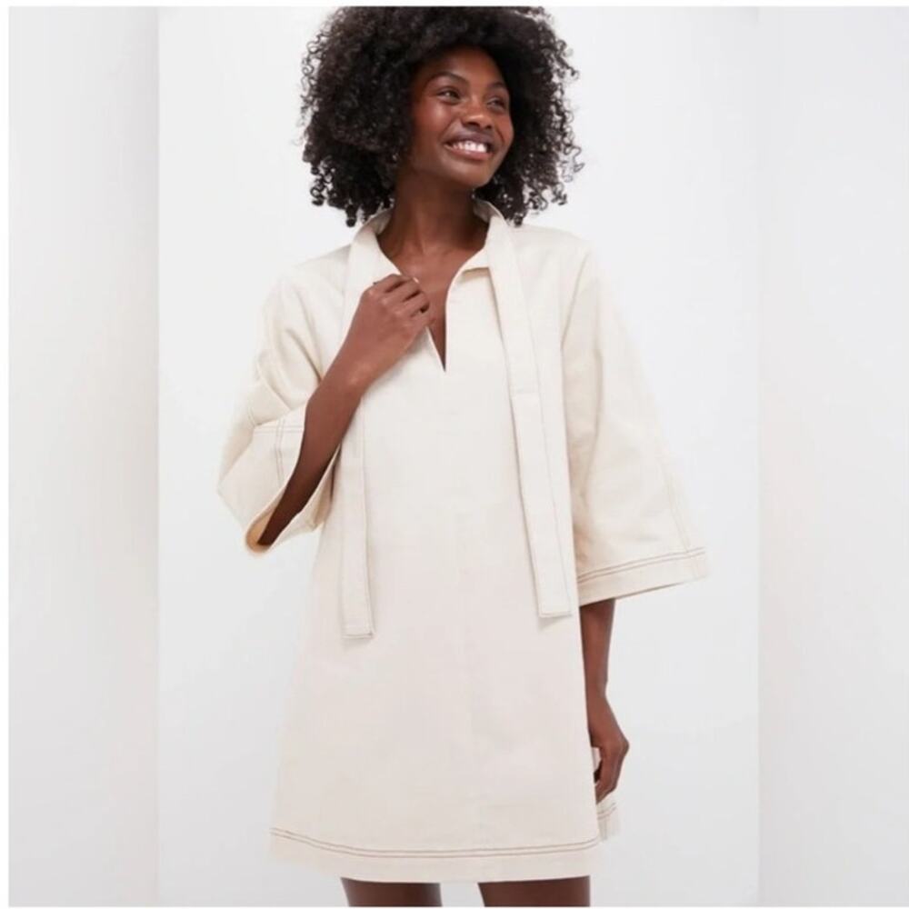 Pomander Place Tuckernuck Ecru Tunic Dress M Cotton Stretch Tie Neck Shift